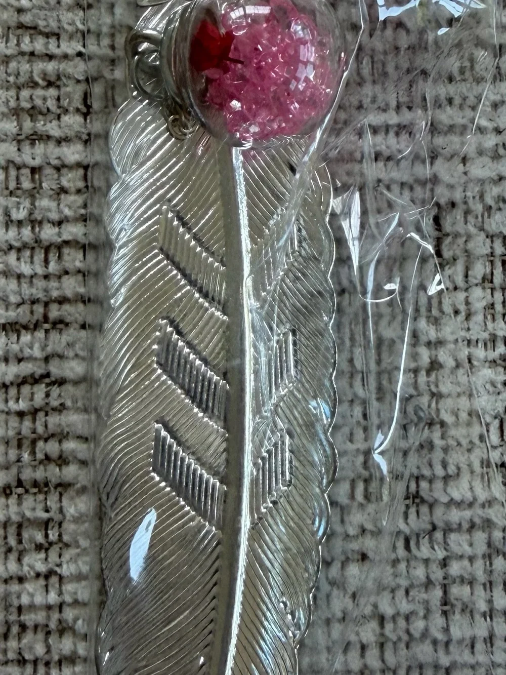 Silver Feather Bookmark with Pink Crystal Accent - Cute